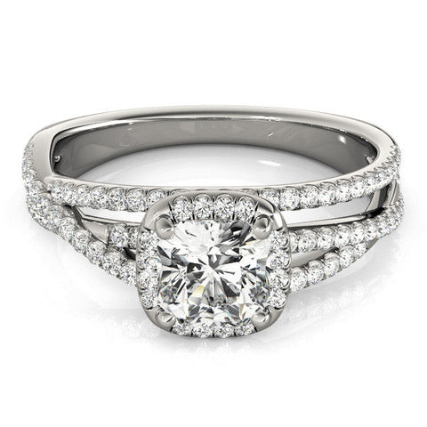 Platinum Cushion Cut Halo Split Shank Diamond Ring with Four-Prong Setting
