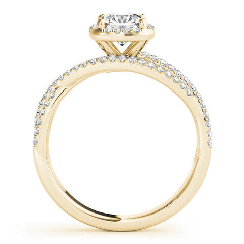 Yellow gold Cushion Cut Halo Split Shank Diamond Ring with Four-Prong Setting