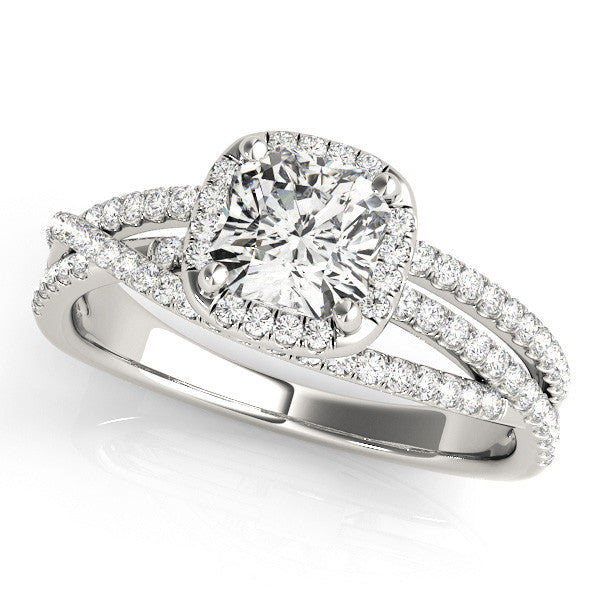 Platinum Cushion Cut Halo Split Shank Diamond Ring with Four-Prong Setting