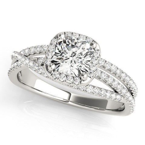 White gold Cushion Cut Halo Split Shank Diamond Ring with Four-Prong Setting
