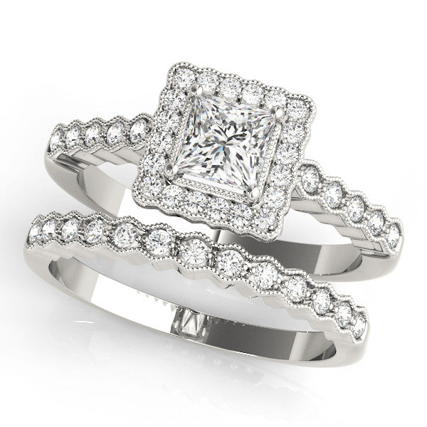 Silver Princess Cut Halo Pavé Solitaire Ring with Milgrain Band