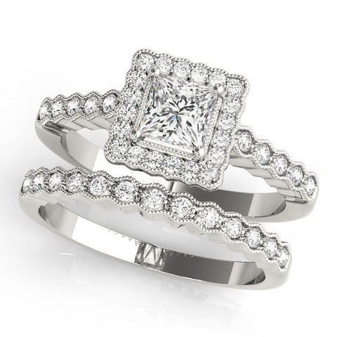 Platinum Princess Cut Halo Pavé Solitaire Ring with Milgrain Band