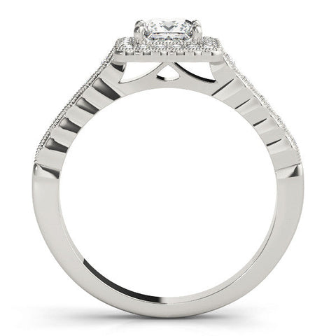 White gold Princess Cut Halo Pavé Solitaire Ring with Milgrain Band