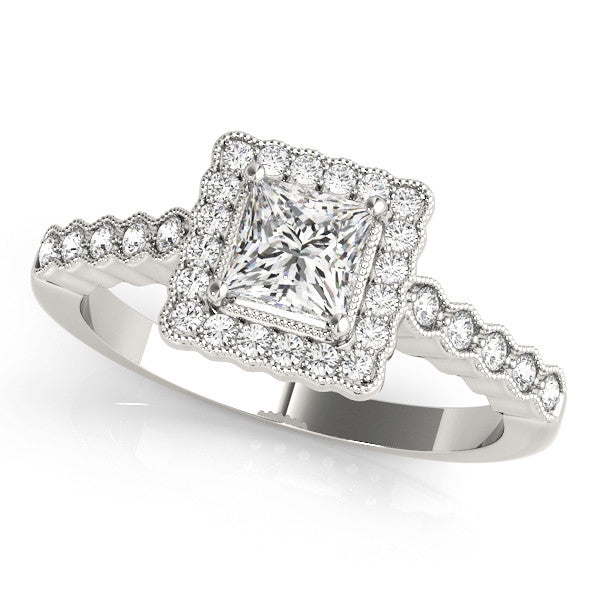 Platinum Princess Cut Halo Pavé Solitaire Ring with Milgrain Band