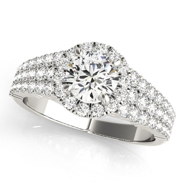 Platinum Round Halo Pavé Diamond Engagement Ring with Split Shank and Four-Prong Setting