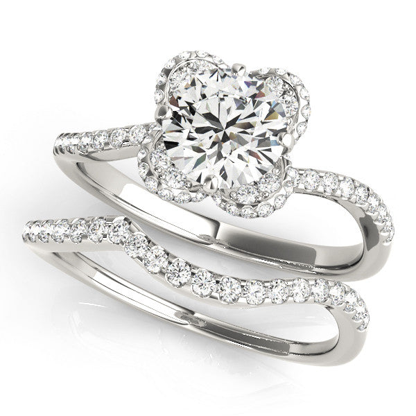 Platinum Round Halo Diamond Engagement Ring with Twisted Pave Band and Four-Prong Setting