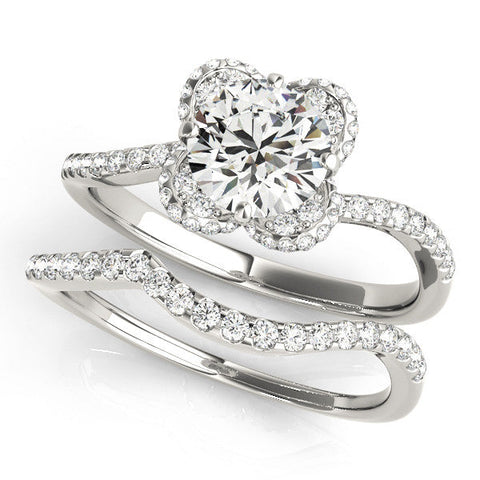 White gold Round Halo Diamond Engagement Ring with Twisted Pave Band and Four-Prong Setting