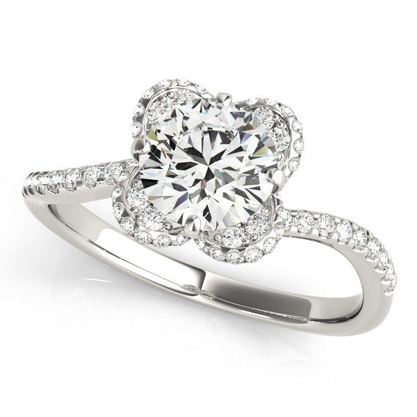Silver Round Halo Diamond Engagement Ring with Twisted Pave Band and Four-Prong Setting