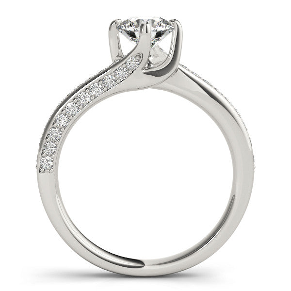 Platinum Round Solitaire Diamond Twist Band with Pavé Setting and Four-Prong Setting
