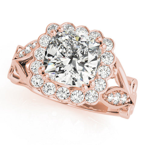 Rose gold Cushion Halo Diamond Ring with Vintage Split Shank and Four-Prong Setting