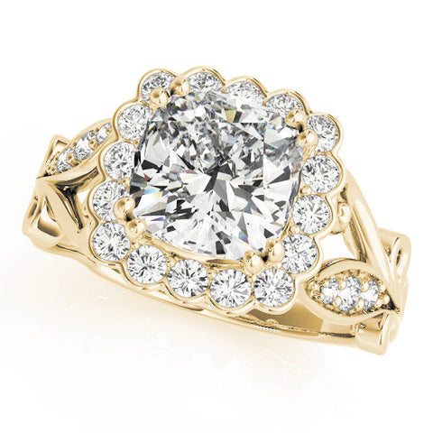 Yellow gold Cushion Halo Diamond Ring with Vintage Split Shank and Four-Prong Setting