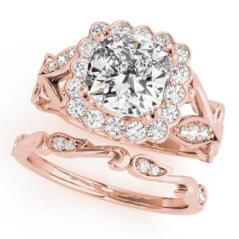Rose gold Cushion Halo Diamond Ring with Vintage Split Shank and Four-Prong Setting
