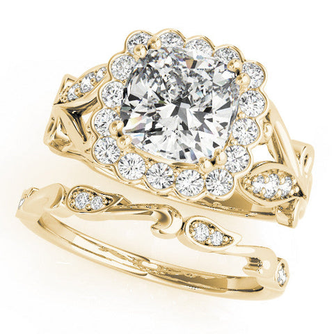 Yellow gold Cushion Halo Diamond Ring with Vintage Split Shank and Four-Prong Setting