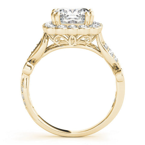 Yellow gold Cushion Halo Diamond Ring with Vintage Split Shank and Four-Prong Setting