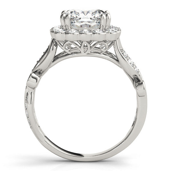 Silver Cushion Halo Diamond Ring with Vintage Split Shank and Four-Prong Setting