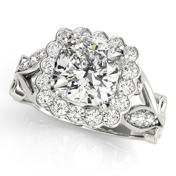 Platinum Cushion Halo Diamond Ring with Vintage Split Shank and Four-Prong Setting