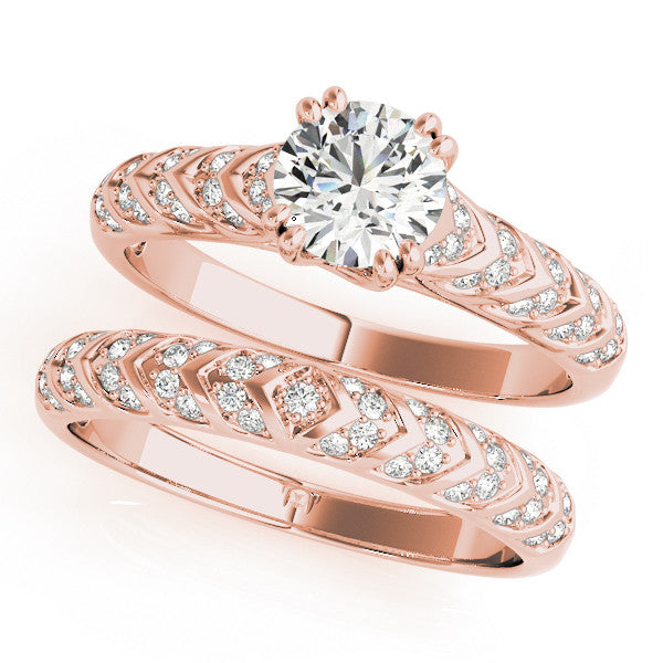 Rose gold Round Solitaire Chevron Pave Diamond Engagement Ring with Six-Prong Setting