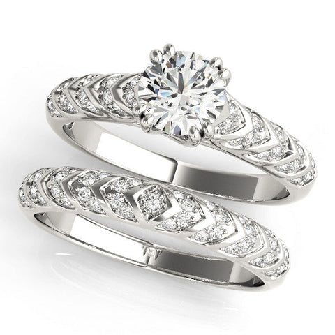 White gold Round Solitaire Chevron Pave Diamond Engagement Ring with Six-Prong Setting