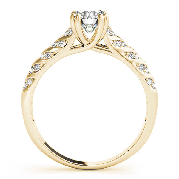 Yellow gold Round Solitaire Chevron Pave Diamond Engagement Ring with Six-Prong Setting