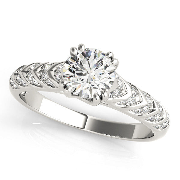 Platinum Round Solitaire Chevron Pave Diamond Engagement Ring with Six-Prong Setting