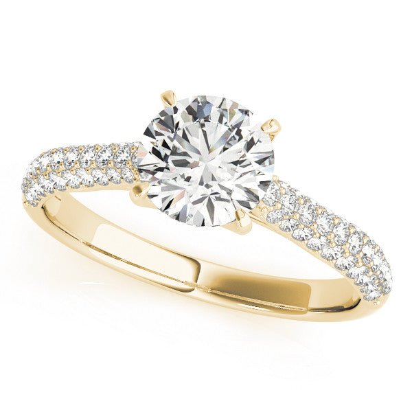 Yellow gold Round Cut Diamond Pavé Band Solitaire Ring with Four-Prong Setting