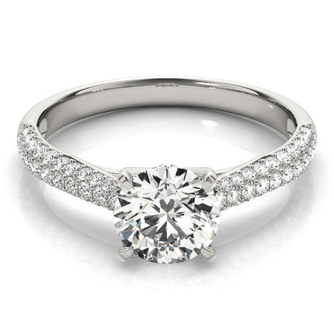 Platinum Round Cut Diamond Pavé Band Solitaire Ring with Four-Prong Setting