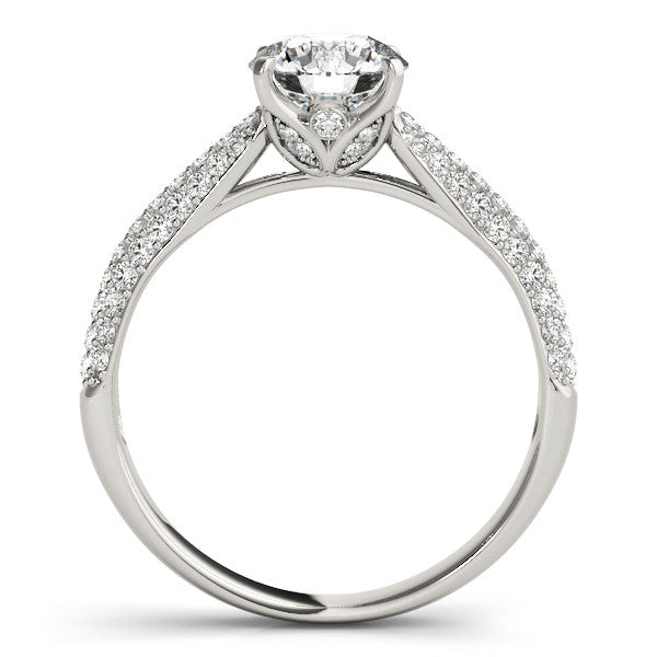 Silver Round Cut Diamond Pavé Band Solitaire Ring with Four-Prong Setting