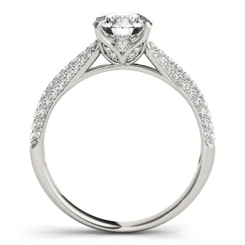 Silver Round Cut Diamond Pavé Band Solitaire Ring with Four-Prong Setting
