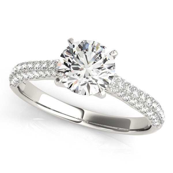 Platinum Round Cut Diamond Pavé Band Solitaire Ring with Four-Prong Setting
