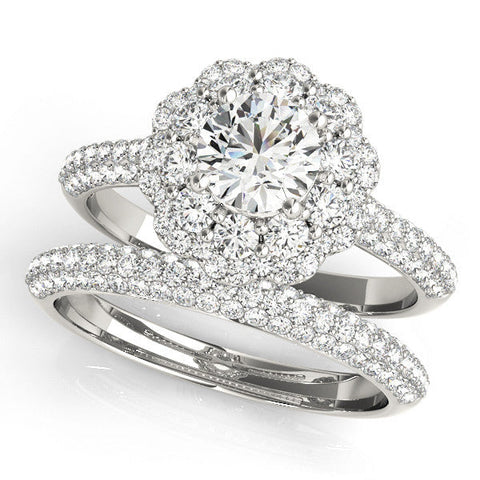 Silver Round Halo Diamond Ring with Pave Band and Four-Prong Setting