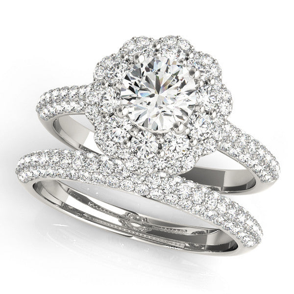 White gold Round Halo Diamond Ring with Pave Band and Four-Prong Setting