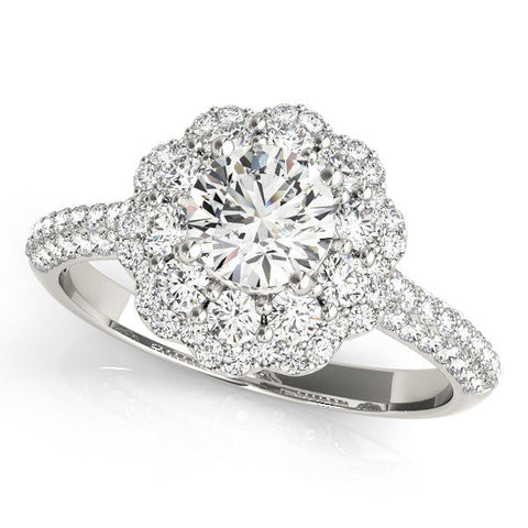 Silver Round Halo Diamond Ring with Pave Band and Four-Prong Setting