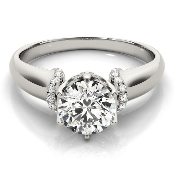 Platinum Round Brilliant Solitaire Cathedral Engagement Ring with Pave Accents