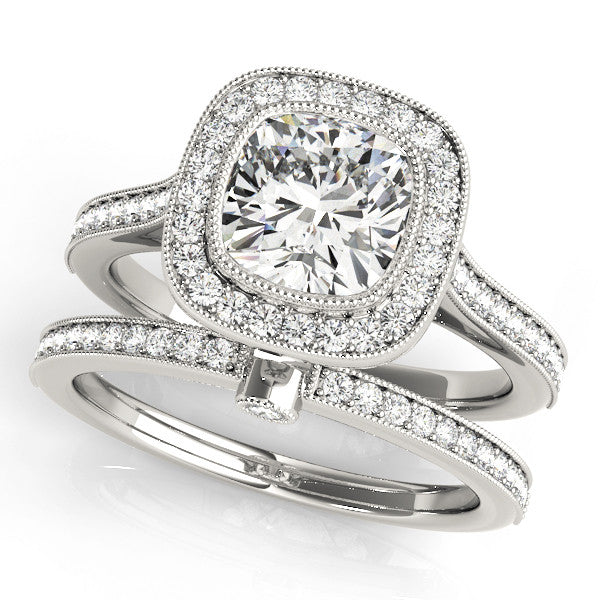 Silver Cushion Halo Diamond Engagement Ring with Pavé Band and Four-Prong Setting