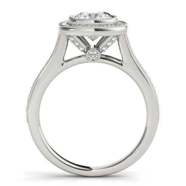 White gold Cushion Halo Diamond Engagement Ring with Pavé Band and Four-Prong Setting