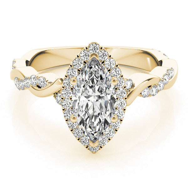 Yellow gold Marquise Halo Twisted Band Prong Setting Ring