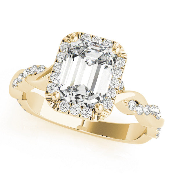 Yellow gold Emerald Cut Halo Twisted Band Four-Prong Ring