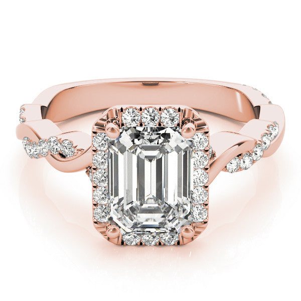 Rose gold Emerald Cut Halo Twisted Band Four-Prong Ring