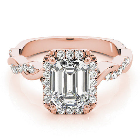 Rose gold Emerald Cut Halo Twisted Band Four-Prong Ring