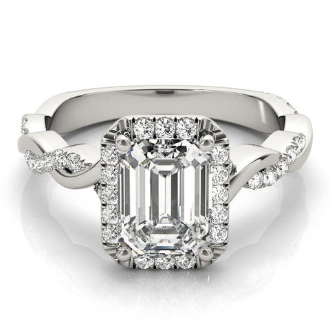 Silver Emerald Cut Halo Twisted Band Four-Prong Ring