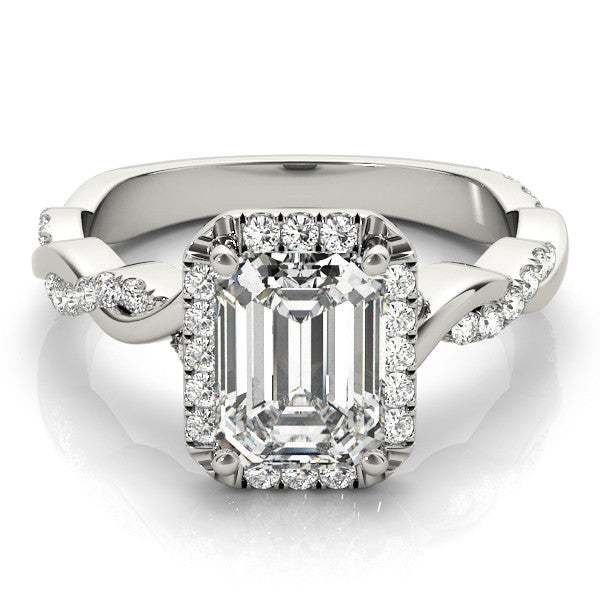 Platinum Emerald Cut Halo Twisted Band Four-Prong Ring