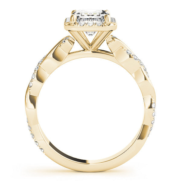 Yellow gold Emerald Cut Halo Twisted Band Four-Prong Ring