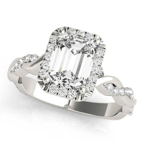 Platinum Emerald Cut Halo Twisted Band Four-Prong Ring