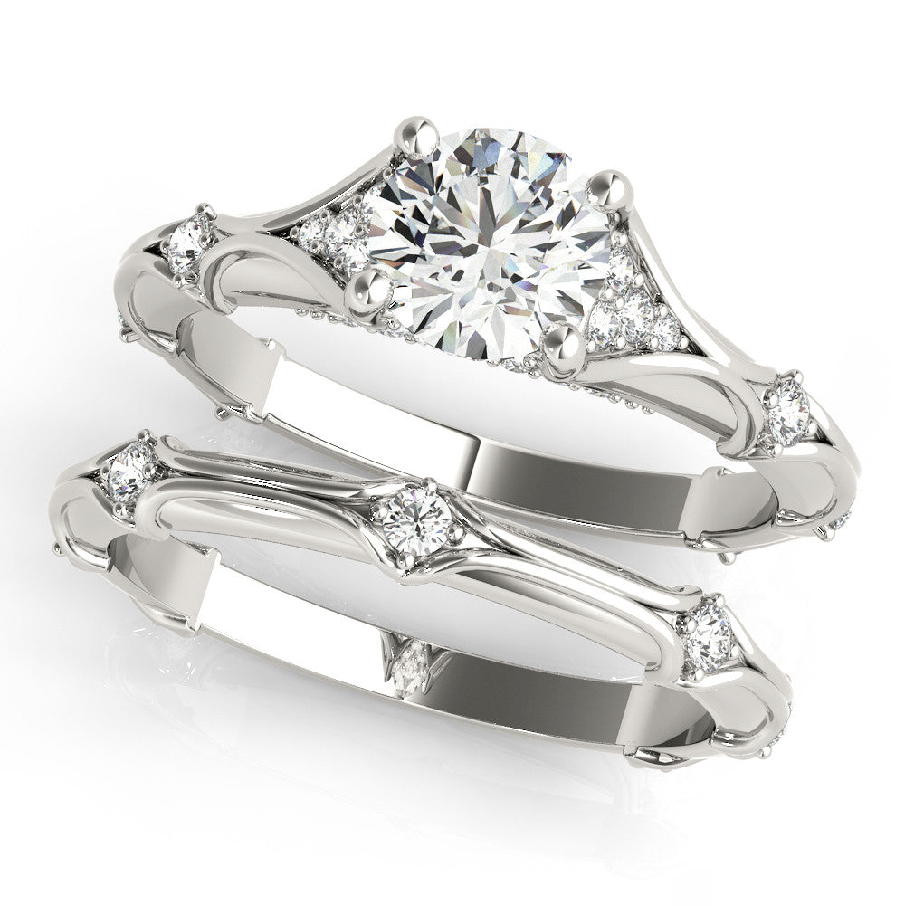 White gold Round Cut Solitaire Engagement Ring with Pave Band and Four-Prong Setting