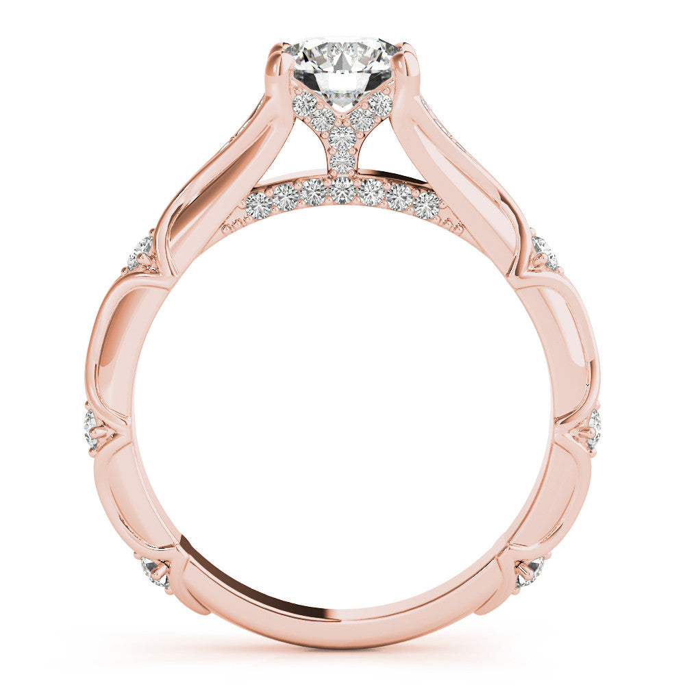 Rose gold Round Cut Solitaire Engagement Ring with Pave Band and Four-Prong Setting