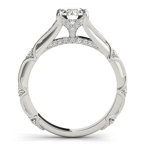 White gold Round Cut Solitaire Engagement Ring with Pave Band and Four-Prong Setting