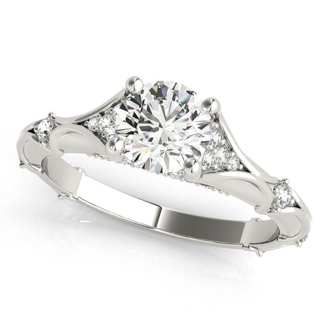 Silver Round Cut Solitaire Engagement Ring with Pave Band and Four-Prong Setting