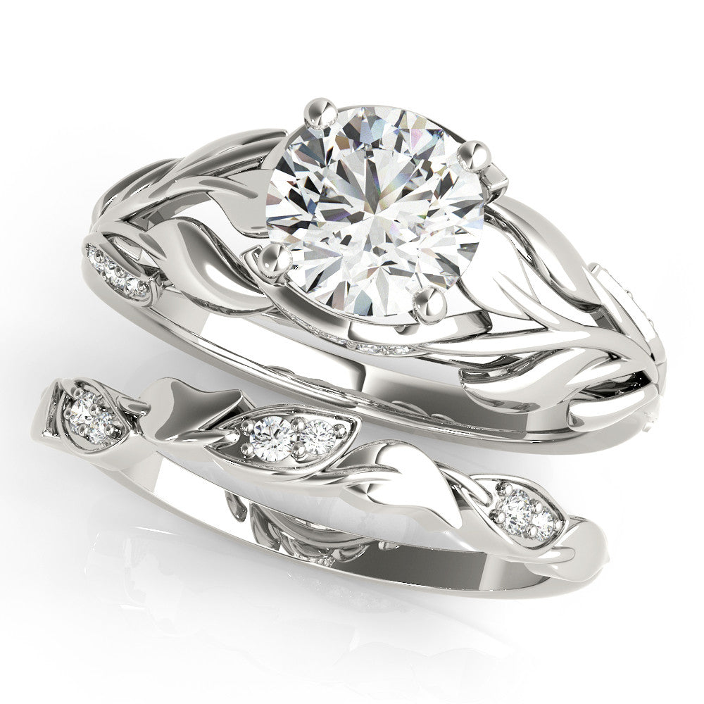 Silver Round Solitaire Leaf-Inspired Engagement Ring with Prong Setting