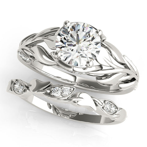 Silver Round Solitaire Leaf-Inspired Engagement Ring with Prong Setting