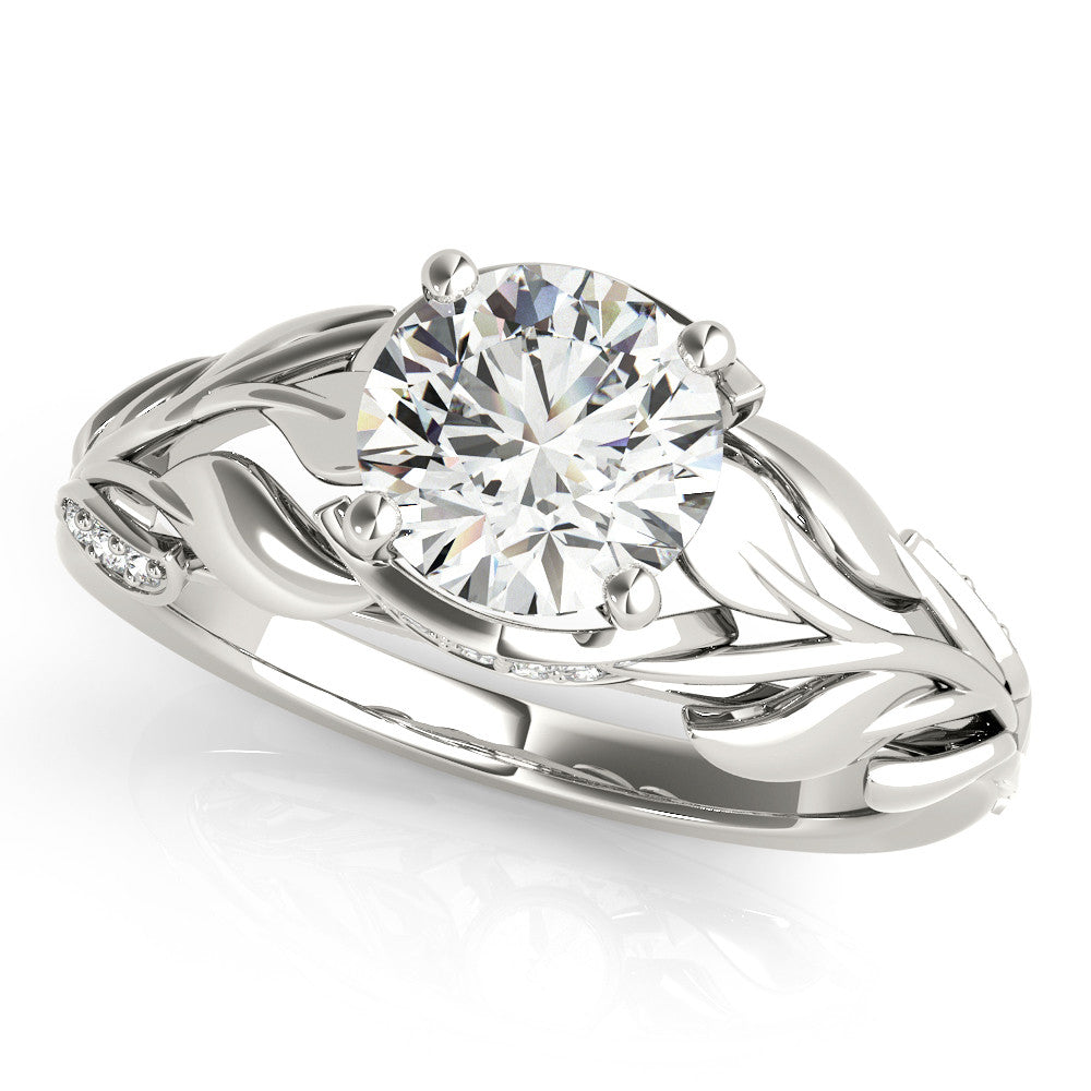 Silver Round Solitaire Leaf-Inspired Engagement Ring with Prong Setting